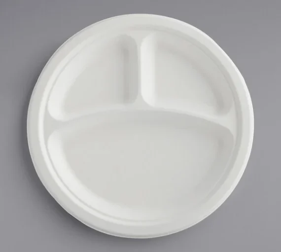 9'' 3 Compartment Biodegradable Round Plates, White [500 pcs]