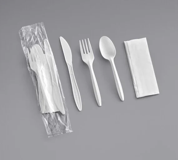 4 Pcs Medium Weight Plastic Meal Kit - Fork, Knife, Teaspoon & Napkin, White (400/Case)