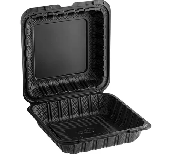 9x9 Microwaveable Mineral Filled Plastic Hinged Lid Containers, Black [150 Pack]