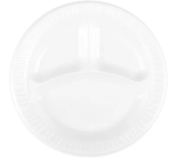 9" 3 Compartment White Non-Laminated Round Foam Plate [500/CS]