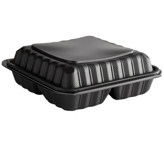 9" x 9"- 3 Compartment Mineral Filled Hinged Lid Container, Black [150 Case]