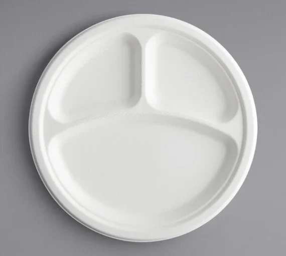 10 - 3 Compartment Bagasse Round Plate, White [500/Case]