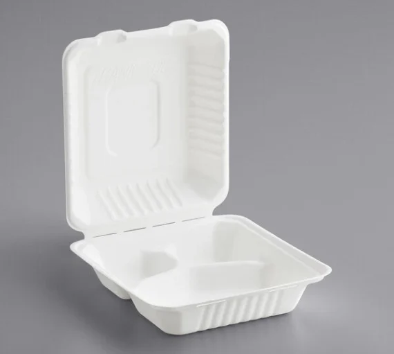 8 x 8 - 3 Compartment Bagasse Hinged Lid Container [200/Case]