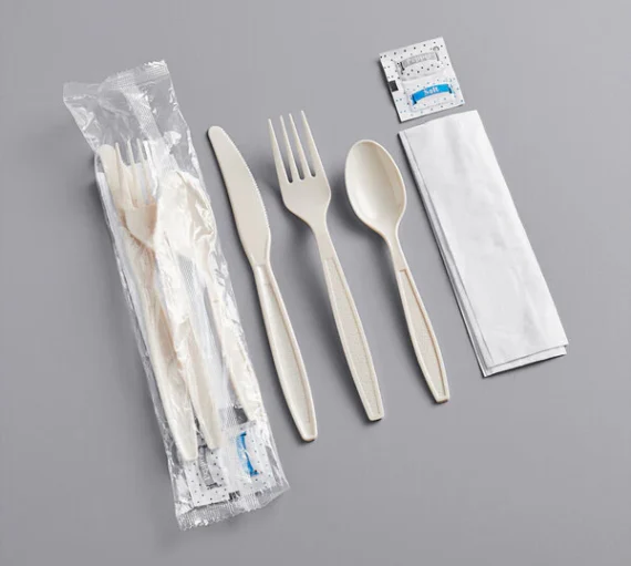 Plastic Cutlery Set Heavy Weight Fork, Knife, Teaspoon & Napkin Beige [500 Pack]