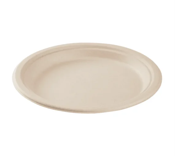 10 PFAS Free Compostable Bagasse Round Plates, Natural - 500 pcs