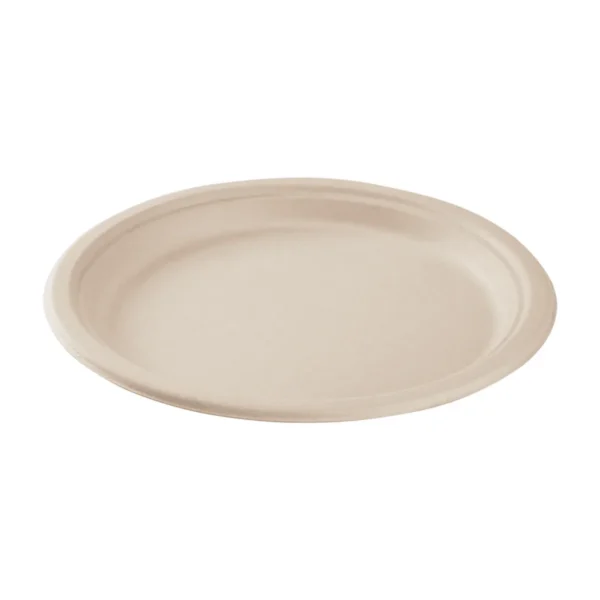 9 - 3 Compartment Compostable Bagasse Round Plates, Natural [500/Case]