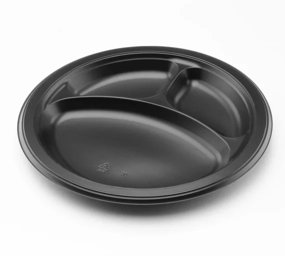 9" - 3 Compartment Mineral Filled PP Round Plate, Black [500 pcs]