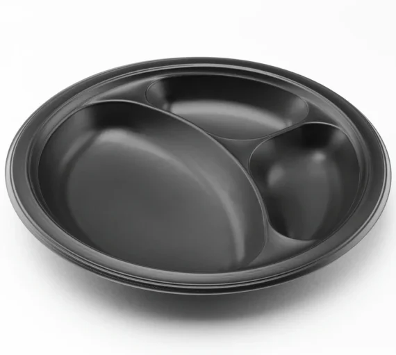 10.25" 3 Compartment Mineral Filled PP Round Plate, Black [500/Case]