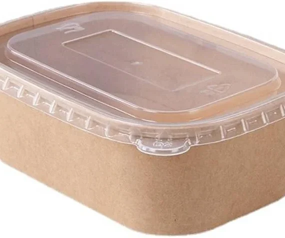 18 oz Rectangle Kraft Paper Bowl With Plastic Lids [300 Pack]