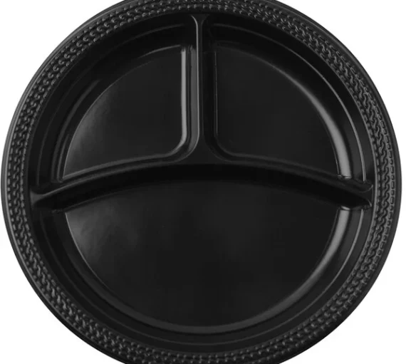 10" - 3 Compartment Microwaveable Mineral-Filled Plastic Plate, Black [400 Pack]