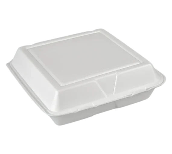 Dart 90HT1R 9 1/2" x 9" x 3" White Foam Square Take Out Container with Hinged Lid - 200/Case