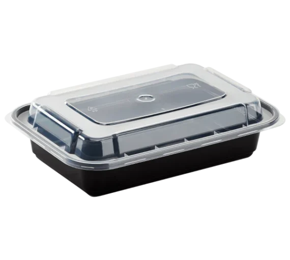 16 oz Rectangle Microwavable Black Containers with Clear Lids [150/Case]