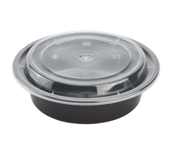 16 oz Round Microwavable Black Containers with Clear Lids [150/Case]