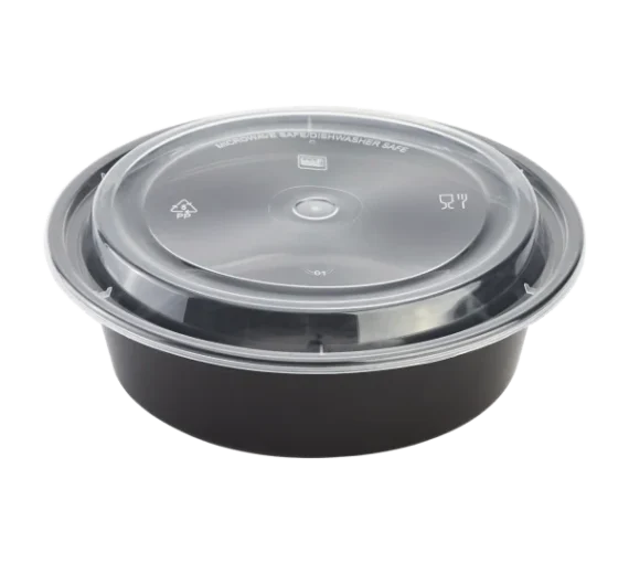 24 oz Round Microwavable Black Containers with Clear Lids [150/Case]