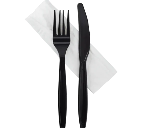 Heavy-Weight Cutlery Kits (Knife, Fork, 1-ply Napkin), Black [500/Kits]